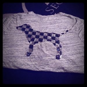 Grayish tee with bling puppy on the back